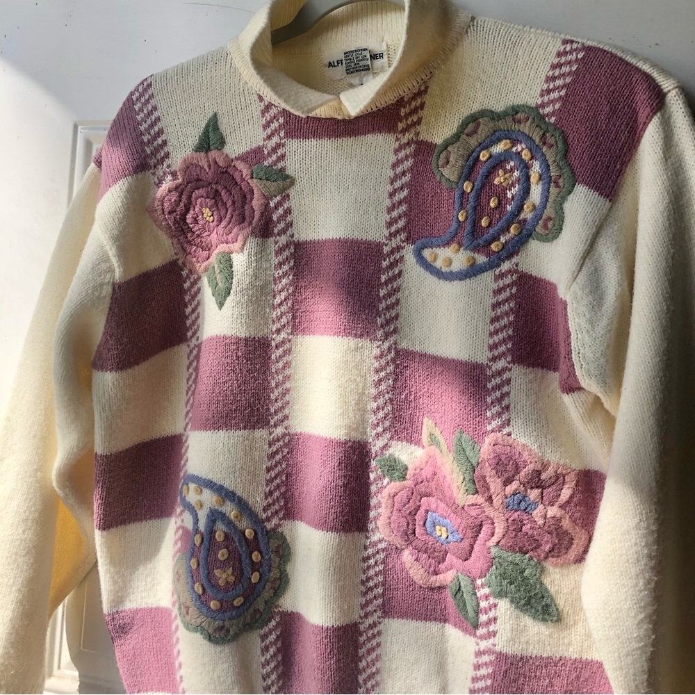 Rare Vintage Alfred Dunner Paisley Floral Checkered 80s 90s Y2K Sweater